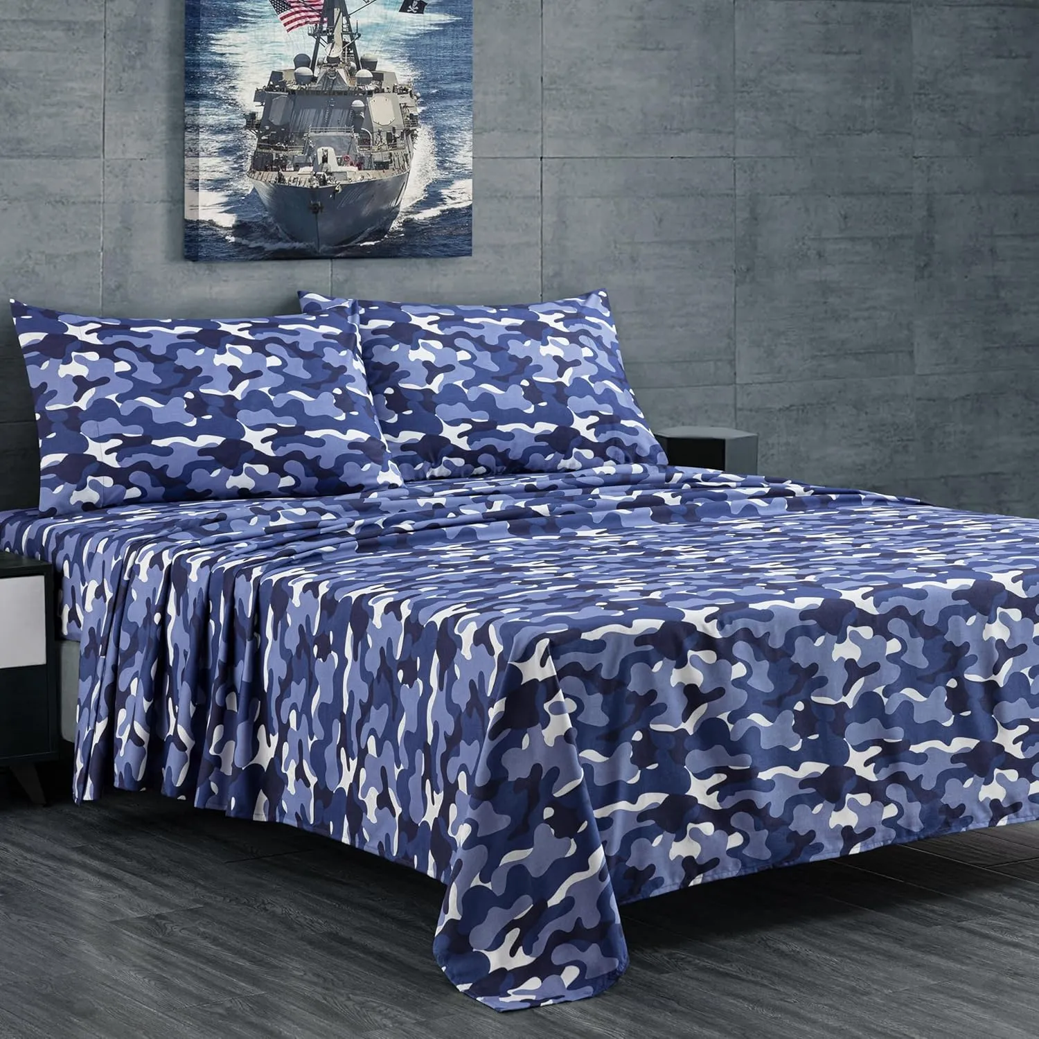 Chezmoi Collection Military Camo 4-Piece Sheet Set - Camouflage Blue Gray Printed Microfiber Soft Breathable Deep Pocket Sheets and Pillowcases Set, Queen Size