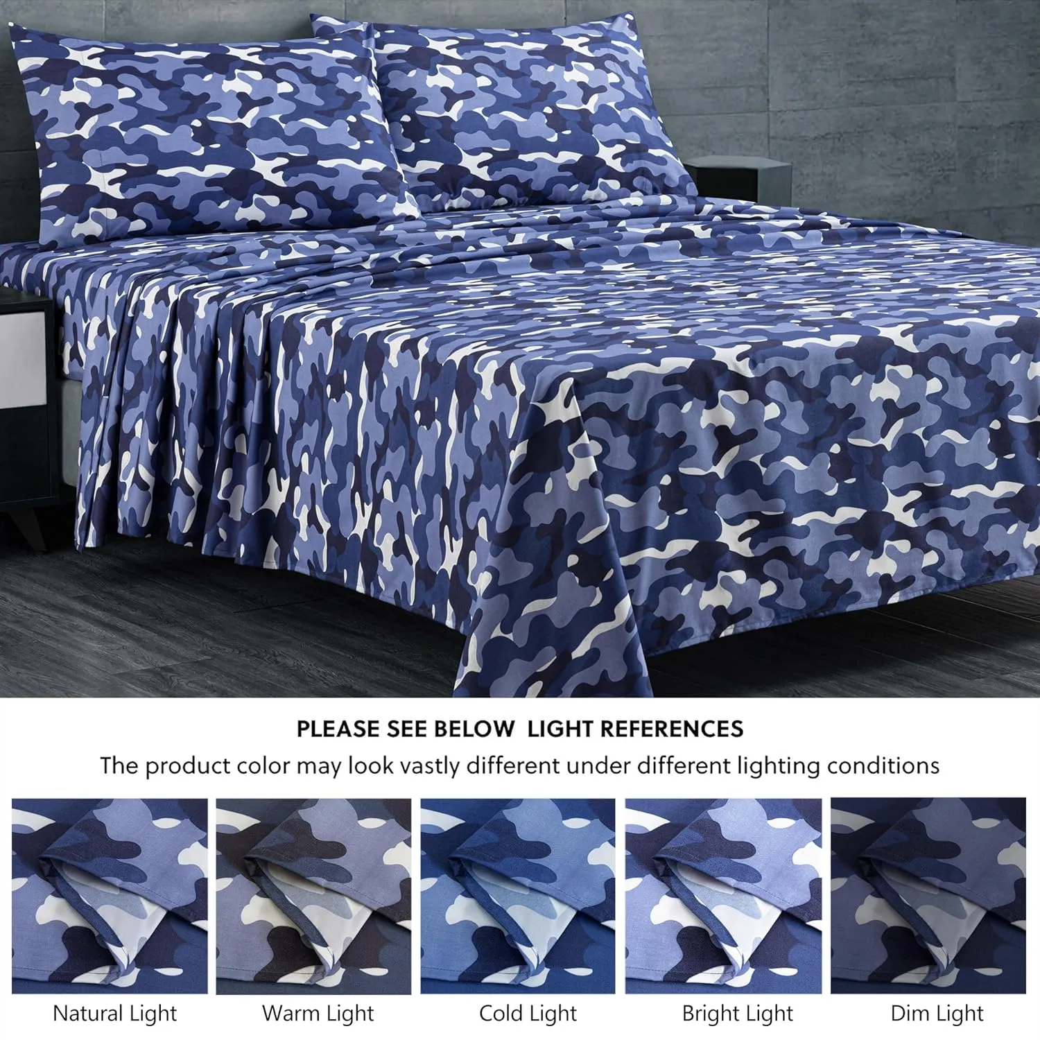 Chezmoi Collection Military Camo 4-Piece Sheet Set - Camouflage Blue Gray Printed Microfiber Soft Breathable Deep Pocket Sheets and Pillowcases Set, Queen Size