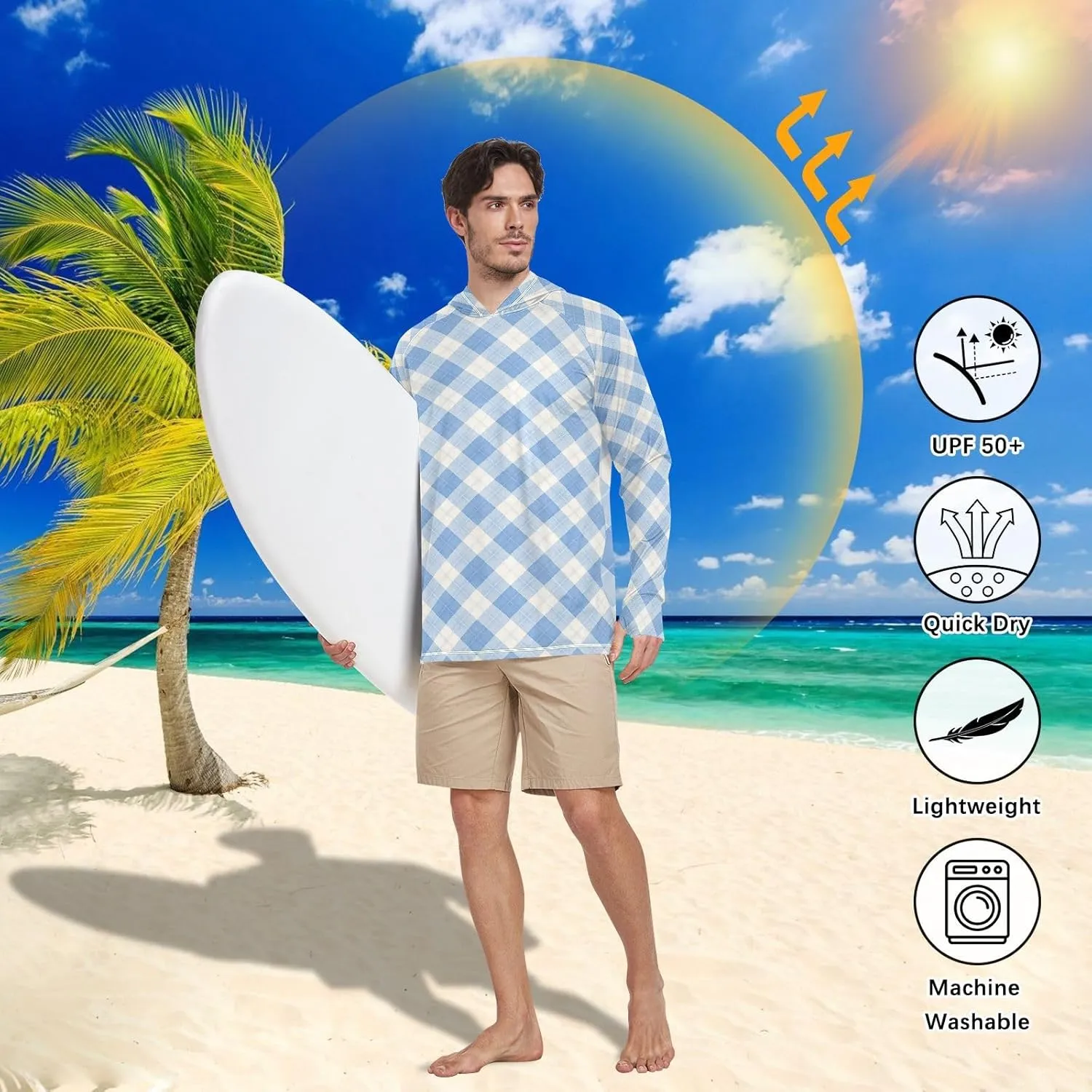 Cobalt Blue Sun Shirt Hoodie for Men Long Sleeve Fishing Shirt UPF 50  Sailing Shirts Rash Guard with Hood