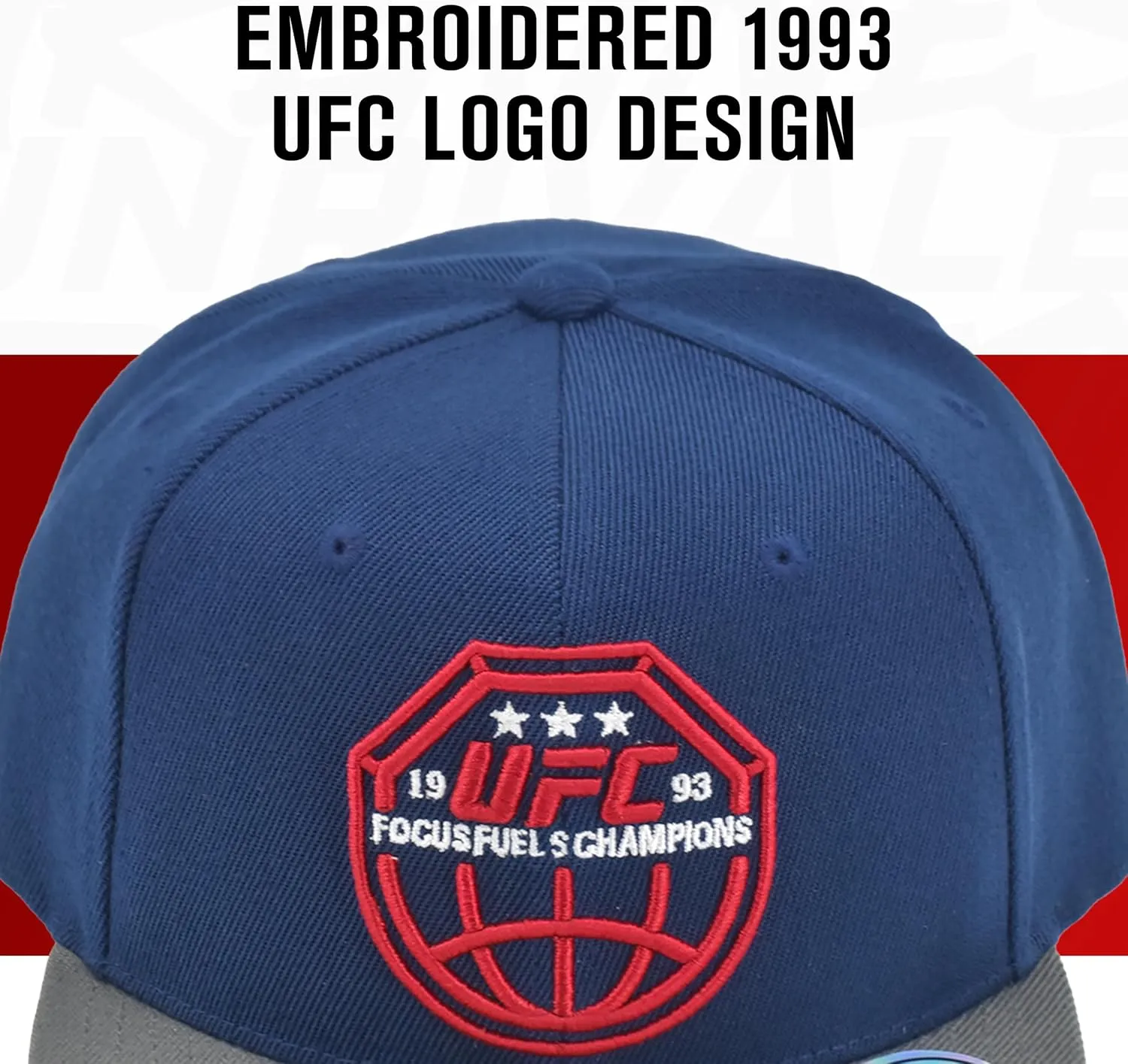 Concept One UFC Baseball Cap, 6 Panel Adult Adjustable Snapback Hat with Flat Brim, Focus Fuels Champions Logo