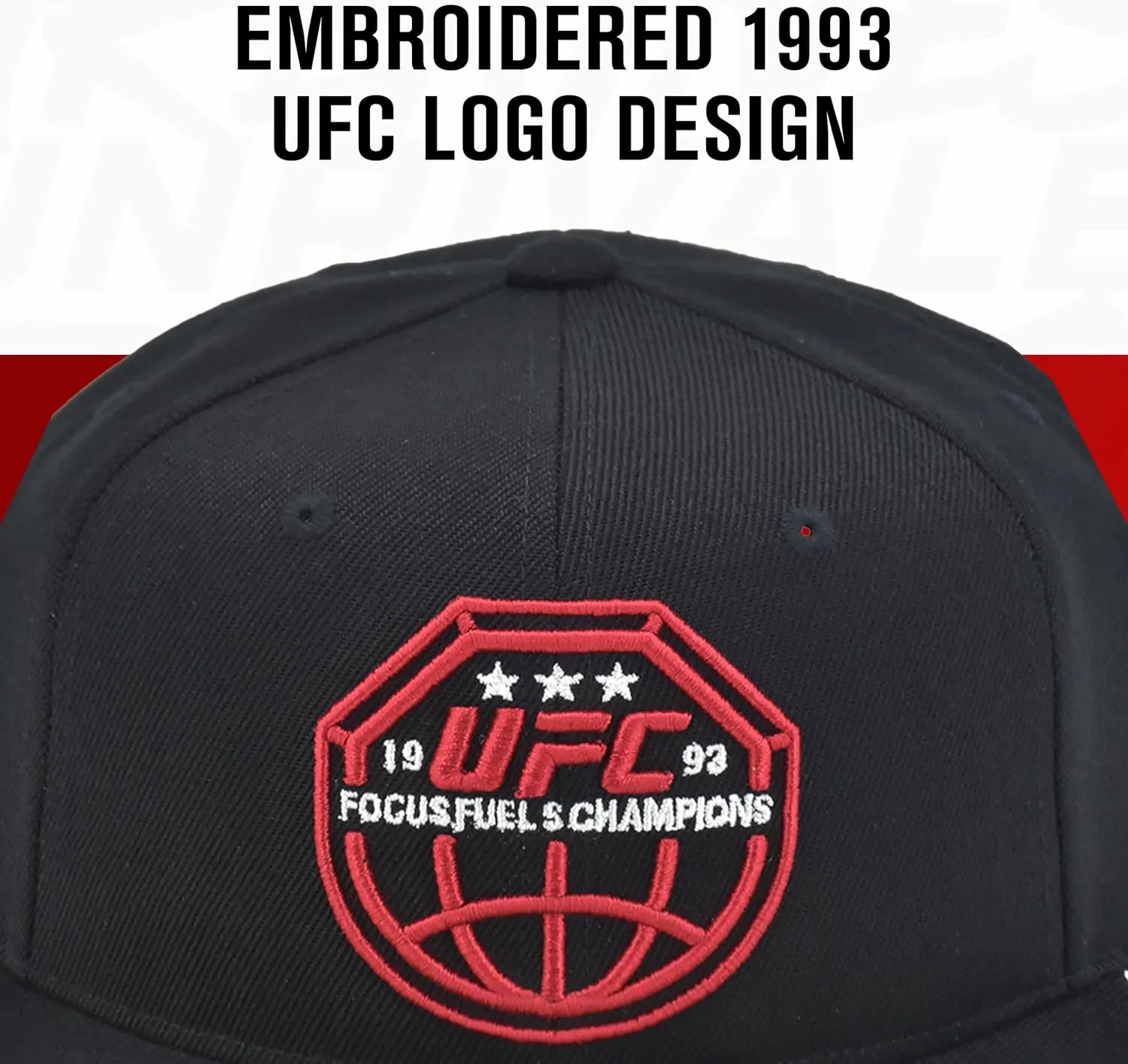 Concept One UFC Baseball Cap, 6 Panel Adult Adjustable Snapback Hat with Flat Brim, Focus Fuels Champions Logo