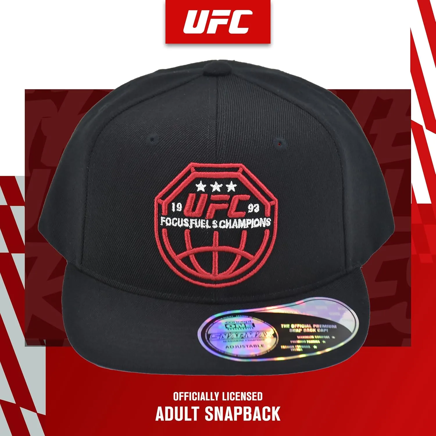 Concept One UFC Baseball Cap, 6 Panel Adult Adjustable Snapback Hat with Flat Brim, Focus Fuels Champions Logo