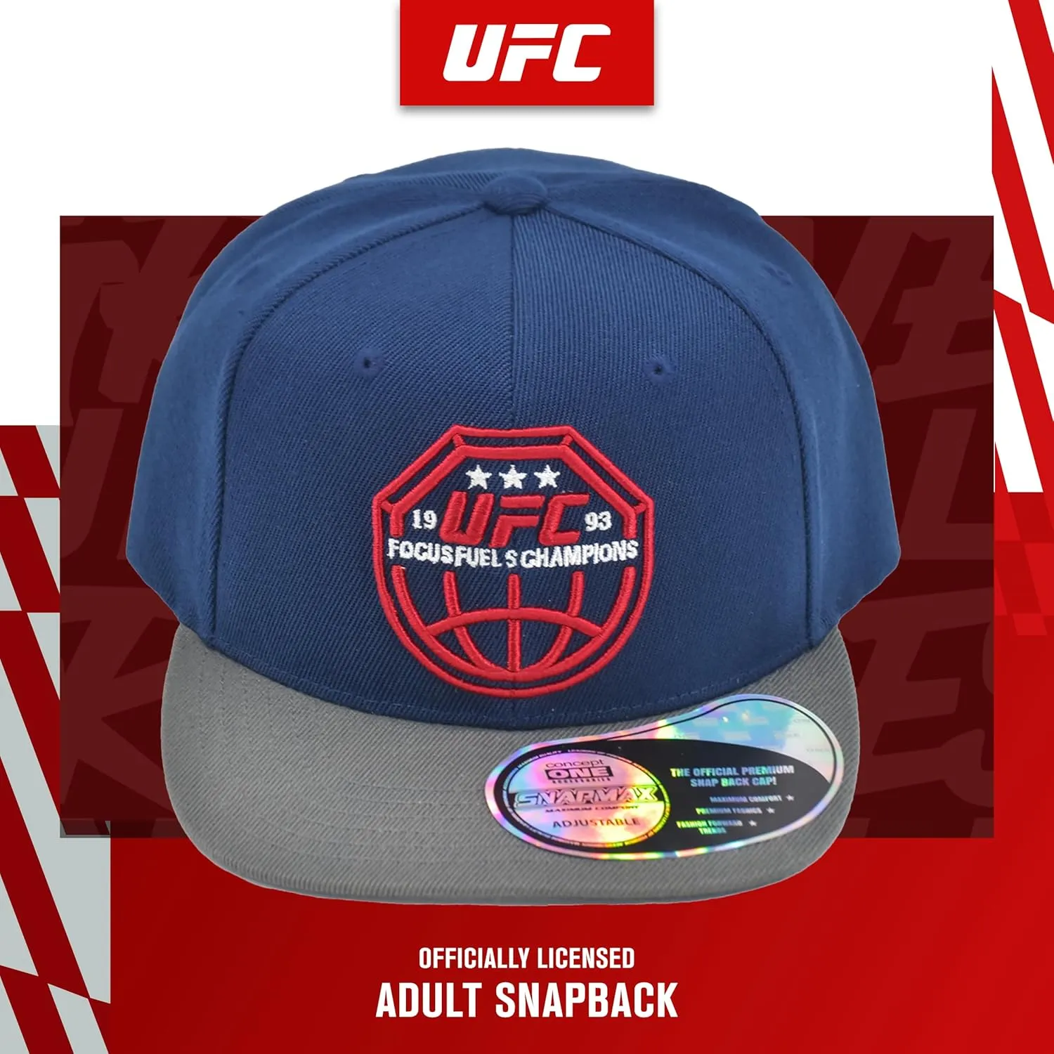 Concept One UFC Baseball Cap, 6 Panel Adult Adjustable Snapback Hat with Flat Brim, Focus Fuels Champions Logo