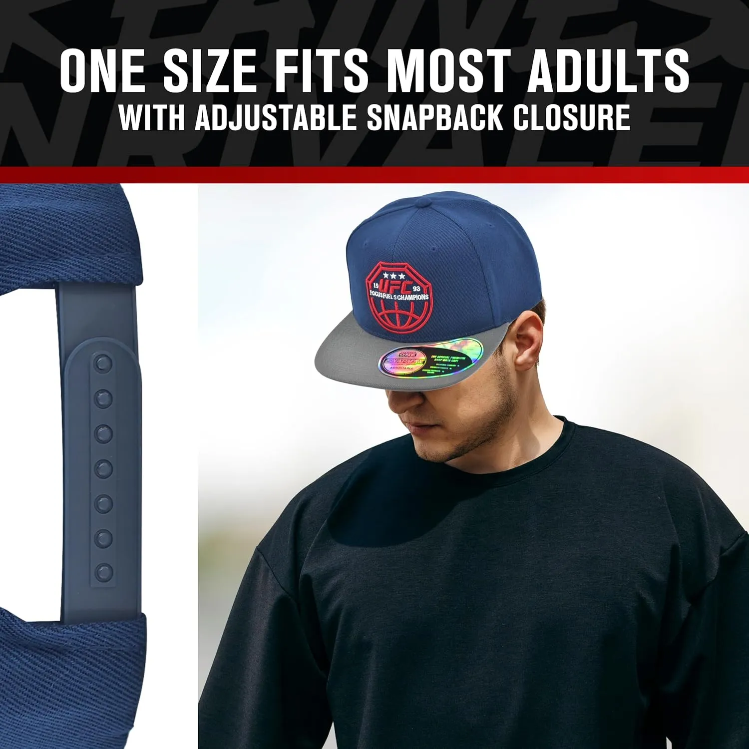 Concept One UFC Baseball Cap, 6 Panel Adult Adjustable Snapback Hat with Flat Brim, Focus Fuels Champions Logo