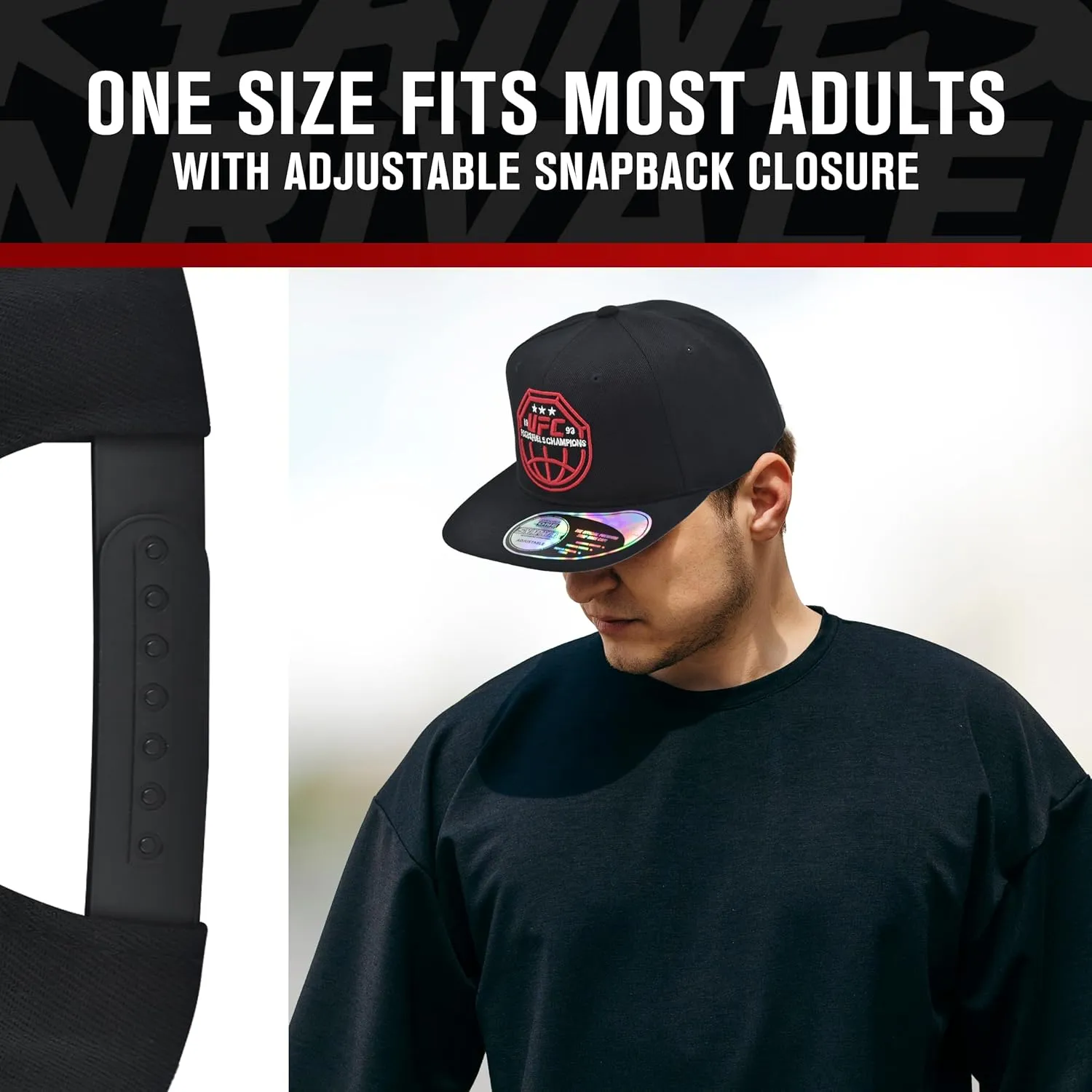 Concept One UFC Baseball Cap, 6 Panel Adult Adjustable Snapback Hat with Flat Brim, Focus Fuels Champions Logo