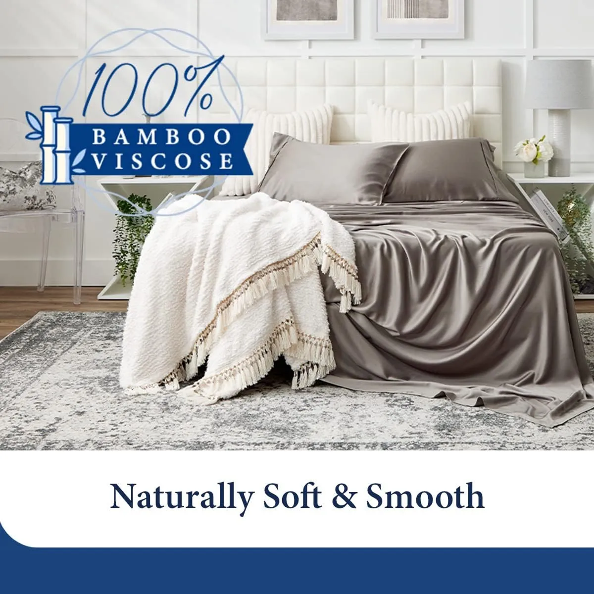 Cosy House Collection 100% Rayon Derived from Bamboo Bed Sheet Set - Cooling, Breathable, Silky Soft 5-Piece Deep Pocket Bedding Set (Split King, Cream)