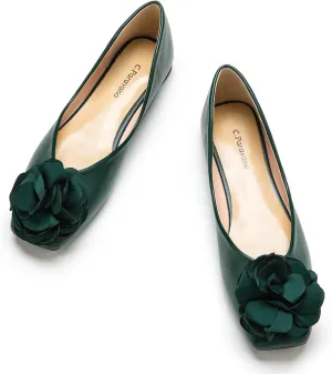 C.Paravano Ballet Flats for Women | Womens Square Toe Flats | Slip On Dress Shoes | Women's Leather Shoes | Flower Flats (Size 9.5,Dark Green)