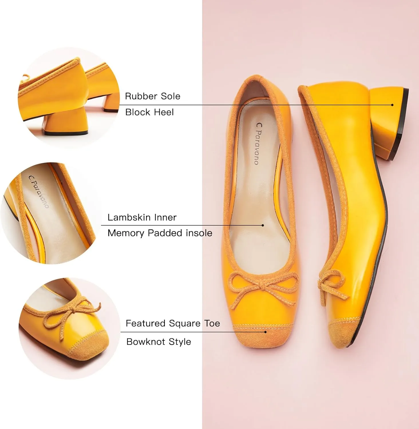 C.Paravano Women's Pump | Square Toe Low Block Heels | Closed Toe Chunky Heels | Leather Low Heel Pumps | Dress Wedding Shoes