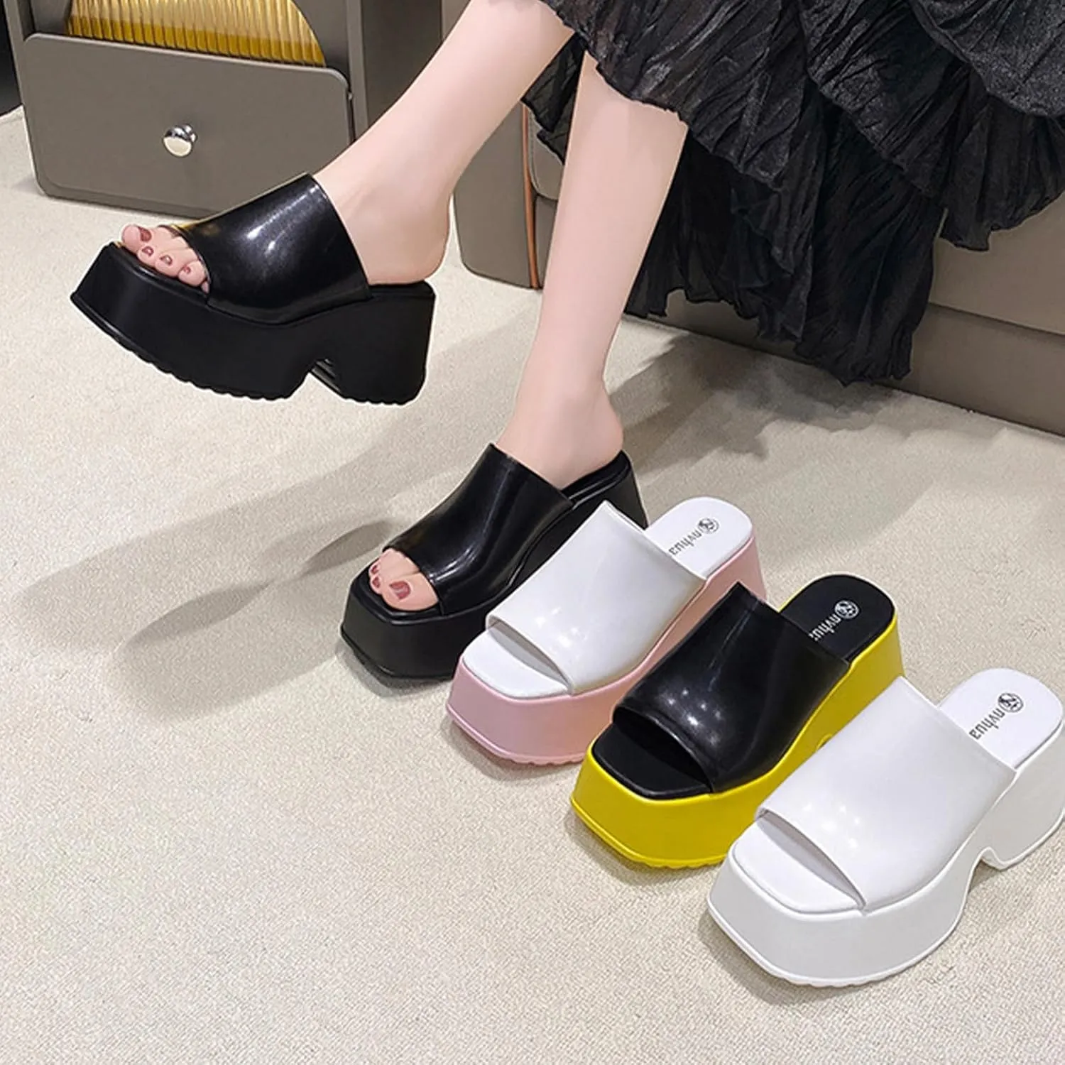 Crepuscute Women's Fish Mouth Platform Wedge Slides Sandals Backless Comfortable Slip On Fashion Sandals Summer Beach Party Casual Slippers