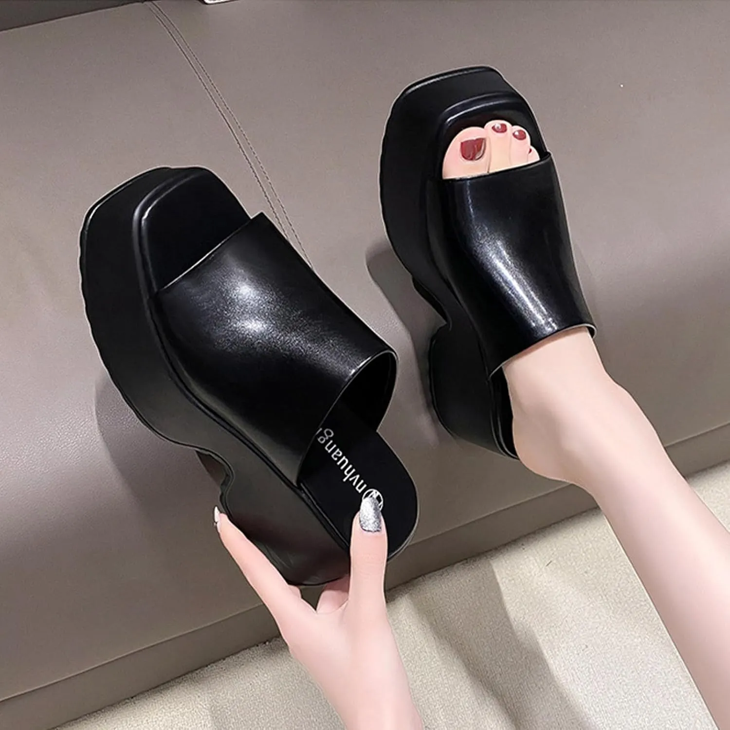 Crepuscute Women's Fish Mouth Platform Wedge Slides Sandals Backless Comfortable Slip On Fashion Sandals Summer Beach Party Casual Slippers