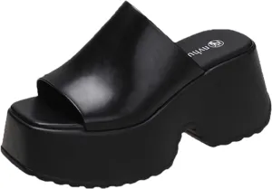 Crepuscute Women's Fish Mouth Platform Wedge Slides Sandals Backless Comfortable Slip On Fashion Sandals Summer Beach Party Casual Slippers