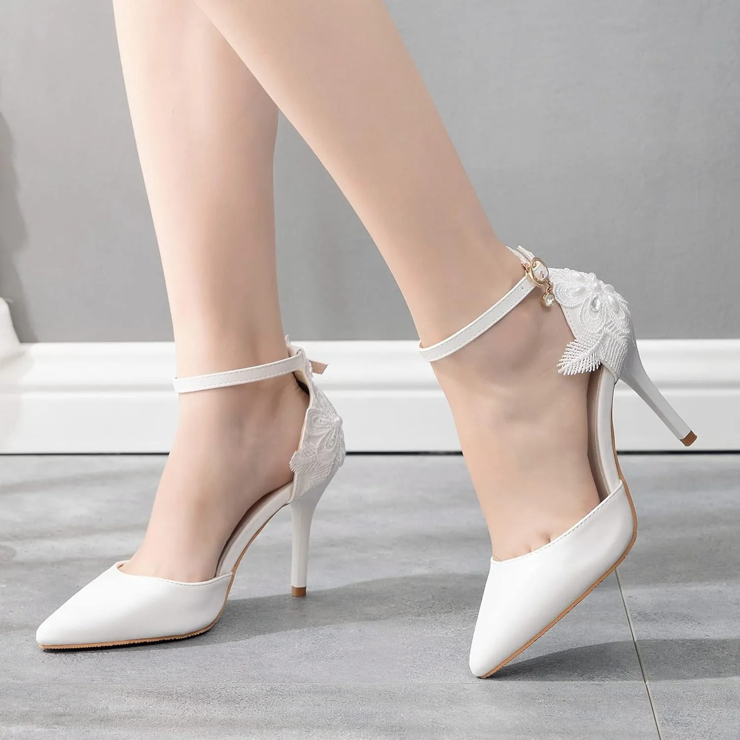 Crystal Queen Women's High Heel Pumps Pointed Closed Toe Sandals White Lace Pearls Strap Stiletto Heels Bridal Wedding Party Shoes