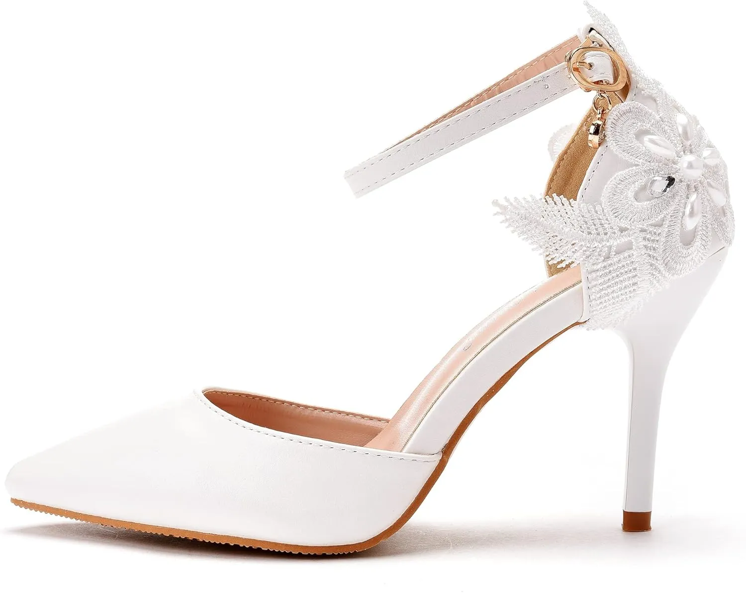 Crystal Queen Women's High Heel Pumps Pointed Closed Toe Sandals White Lace Pearls Strap Stiletto Heels Bridal Wedding Party Shoes