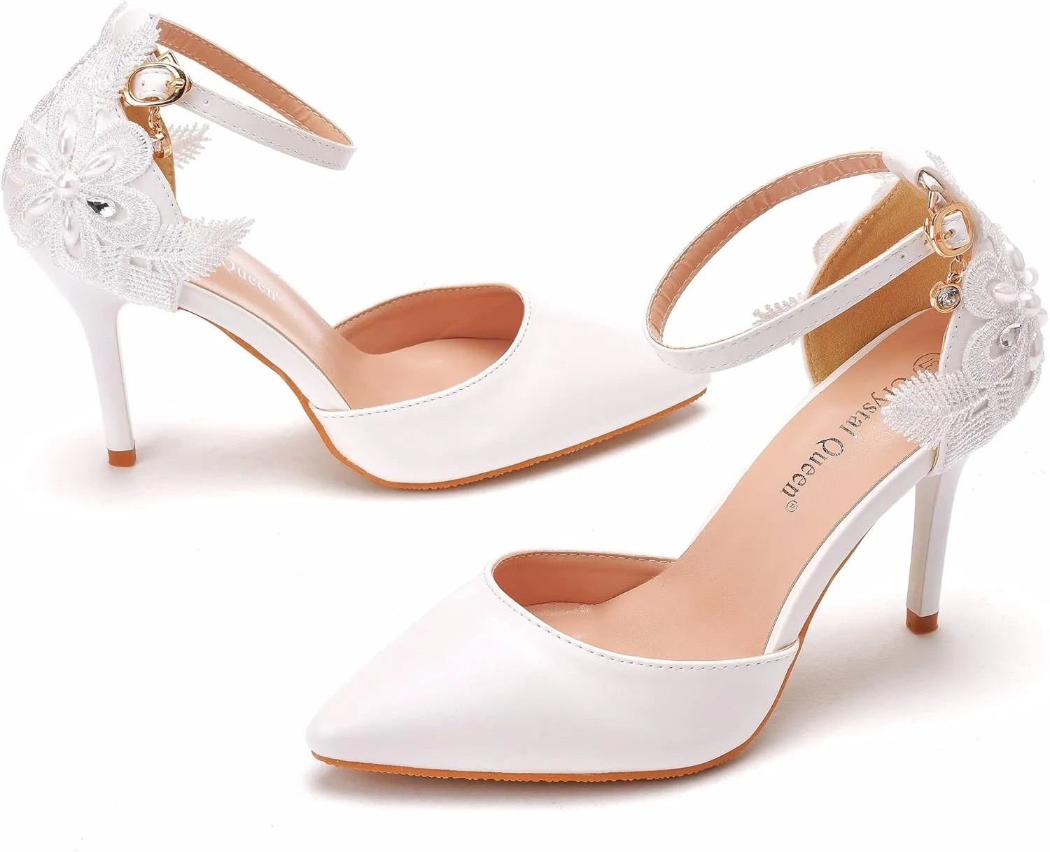 Crystal Queen Women's High Heel Pumps Pointed Closed Toe Sandals White Lace Pearls Strap Stiletto Heels Bridal Wedding Party Shoes
