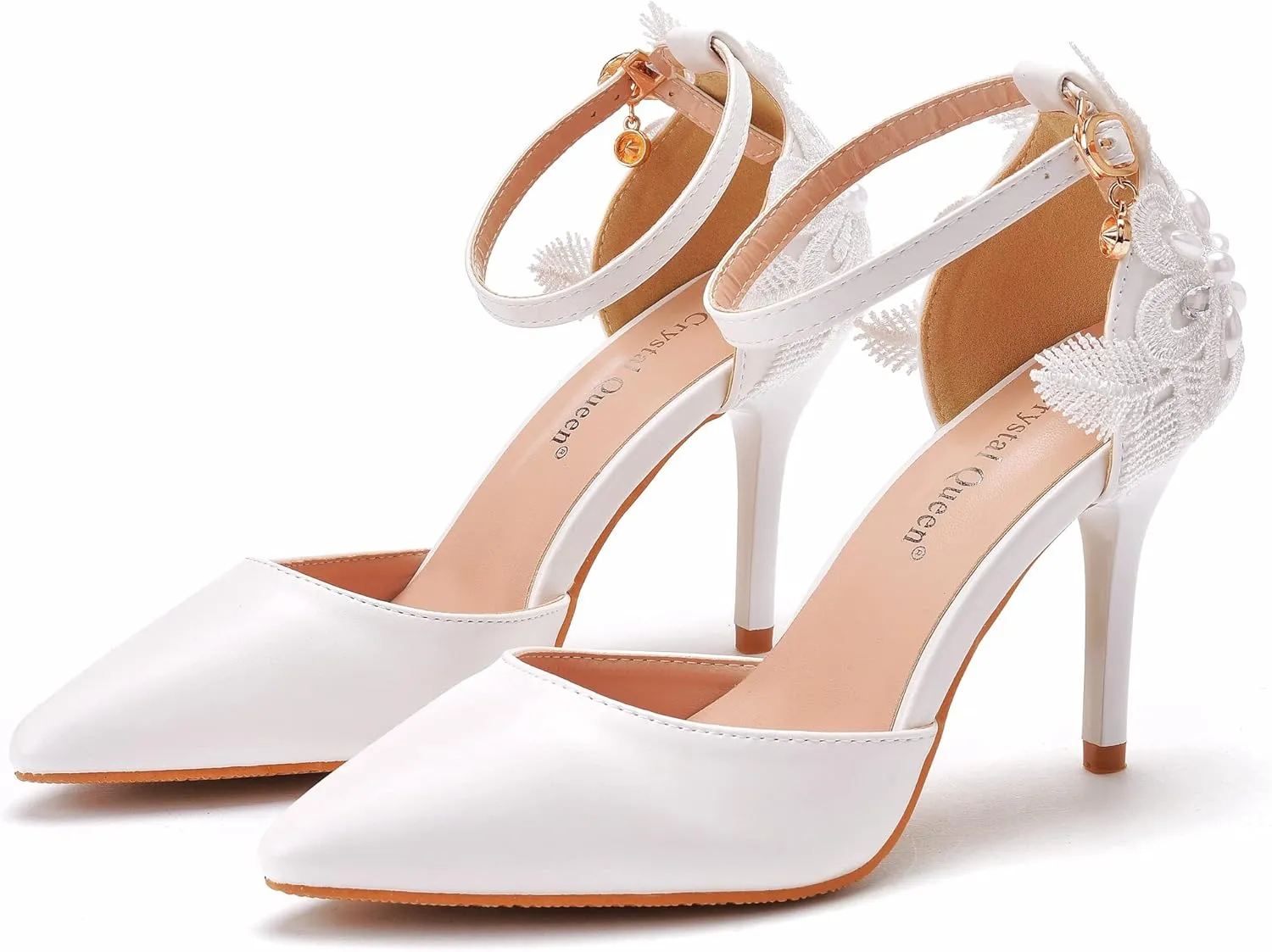 Crystal Queen Women's High Heel Pumps Pointed Closed Toe Sandals White Lace Pearls Strap Stiletto Heels Bridal Wedding Party Shoes