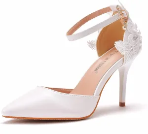 Crystal Queen Women's High Heel Pumps Pointed Closed Toe Sandals White Lace Pearls Strap Stiletto Heels Bridal Wedding Party Shoes