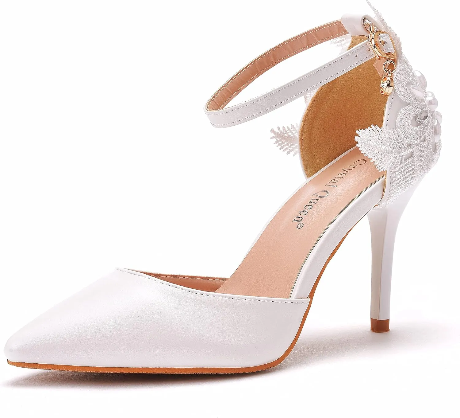 Crystal Queen Women's High Heel Pumps Pointed Closed Toe Sandals White Lace Pearls Strap Stiletto Heels Bridal Wedding Party Shoes