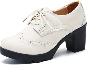 DADAWEN Women's Leather Classic Lace Up Platform Chunky Mid-Heel Square Toe Oxfords Dress Pump Shoes