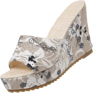 DirraBra Ladies Fashion Flower Cloth Thick Bottom Wedge Heel Slides Non Slip Fish Mouth Sandals Slip on Comfort Outdoor Beach Boho Slippers