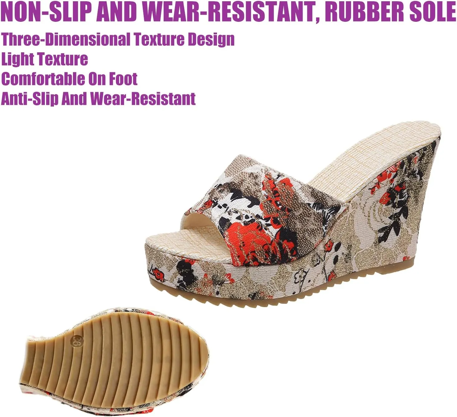 DirraBra Ladies Fashion Flower Cloth Thick Bottom Wedge Heel Slides Non Slip Fish Mouth Sandals Slip on Comfort Outdoor Beach Boho Slippers