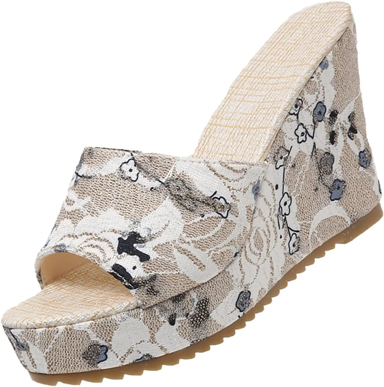 DirraBra Ladies Fashion Flower Cloth Thick Bottom Wedge Heel Slides Non Slip Fish Mouth Sandals Slip on Comfort Outdoor Beach Boho Slippers