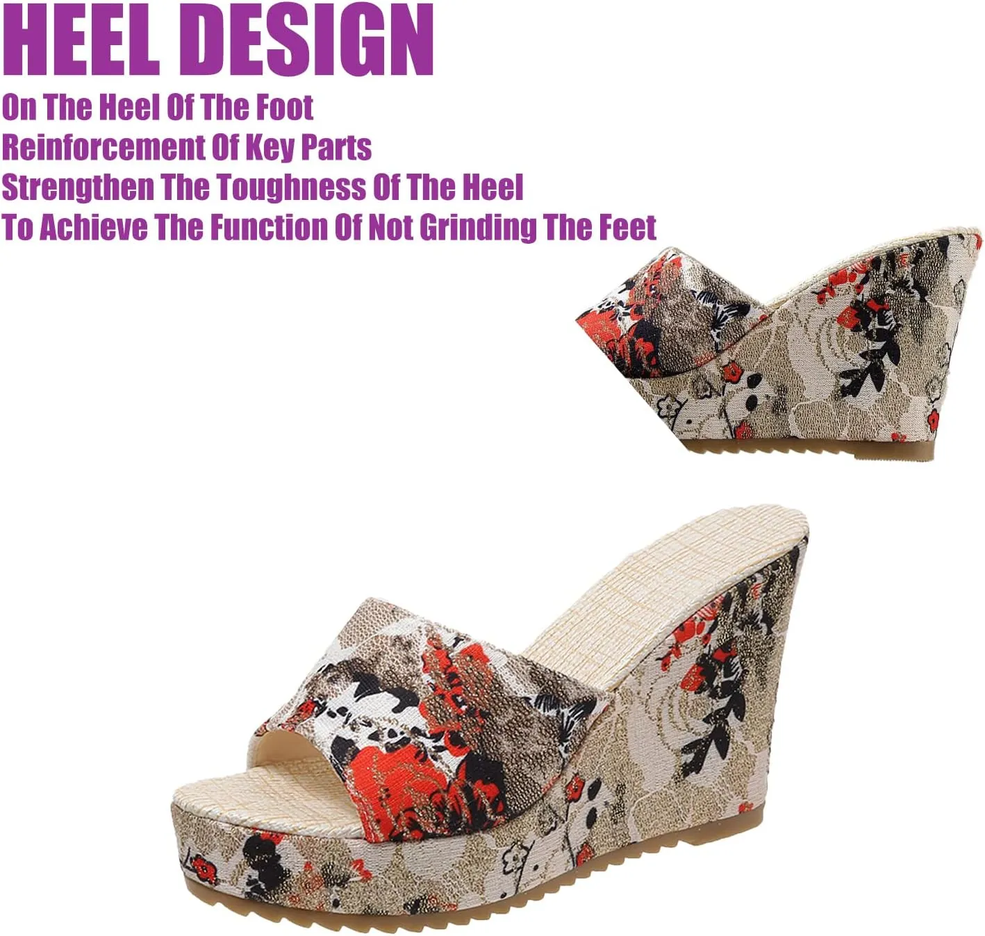 DirraBra Ladies Fashion Flower Cloth Thick Bottom Wedge Heel Slides Non Slip Fish Mouth Sandals Slip on Comfort Outdoor Beach Boho Slippers