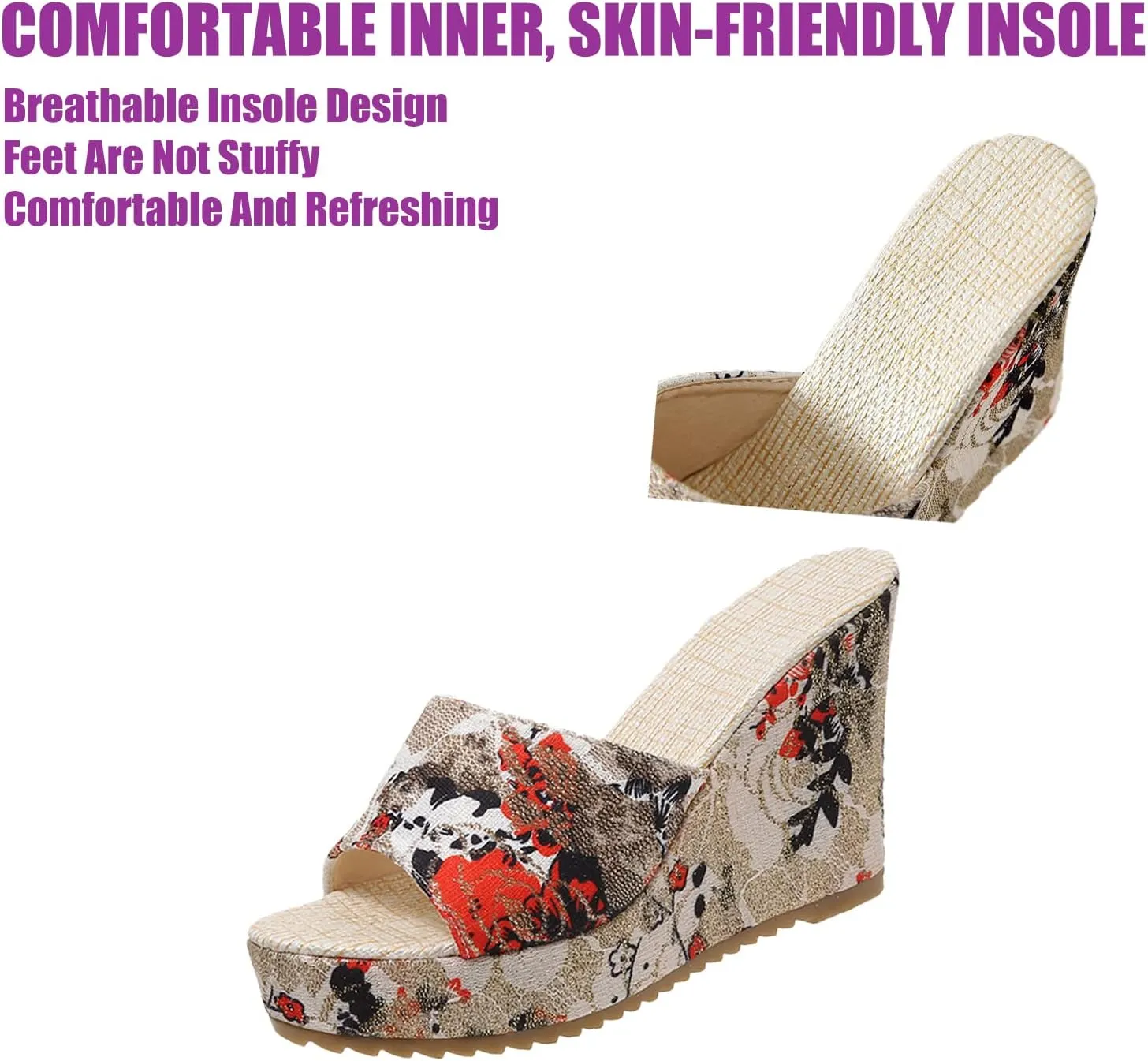 DirraBra Ladies Fashion Flower Cloth Thick Bottom Wedge Heel Slides Non Slip Fish Mouth Sandals Slip on Comfort Outdoor Beach Boho Slippers