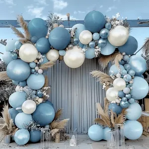 Dusty Blue Balloon Garland Double Stuffed Slate Pastel Blue White Sand Pearl Balloon Arch Kit for Baby Shower Birthday Bridal Shower Wedding Graduation Party Decorations