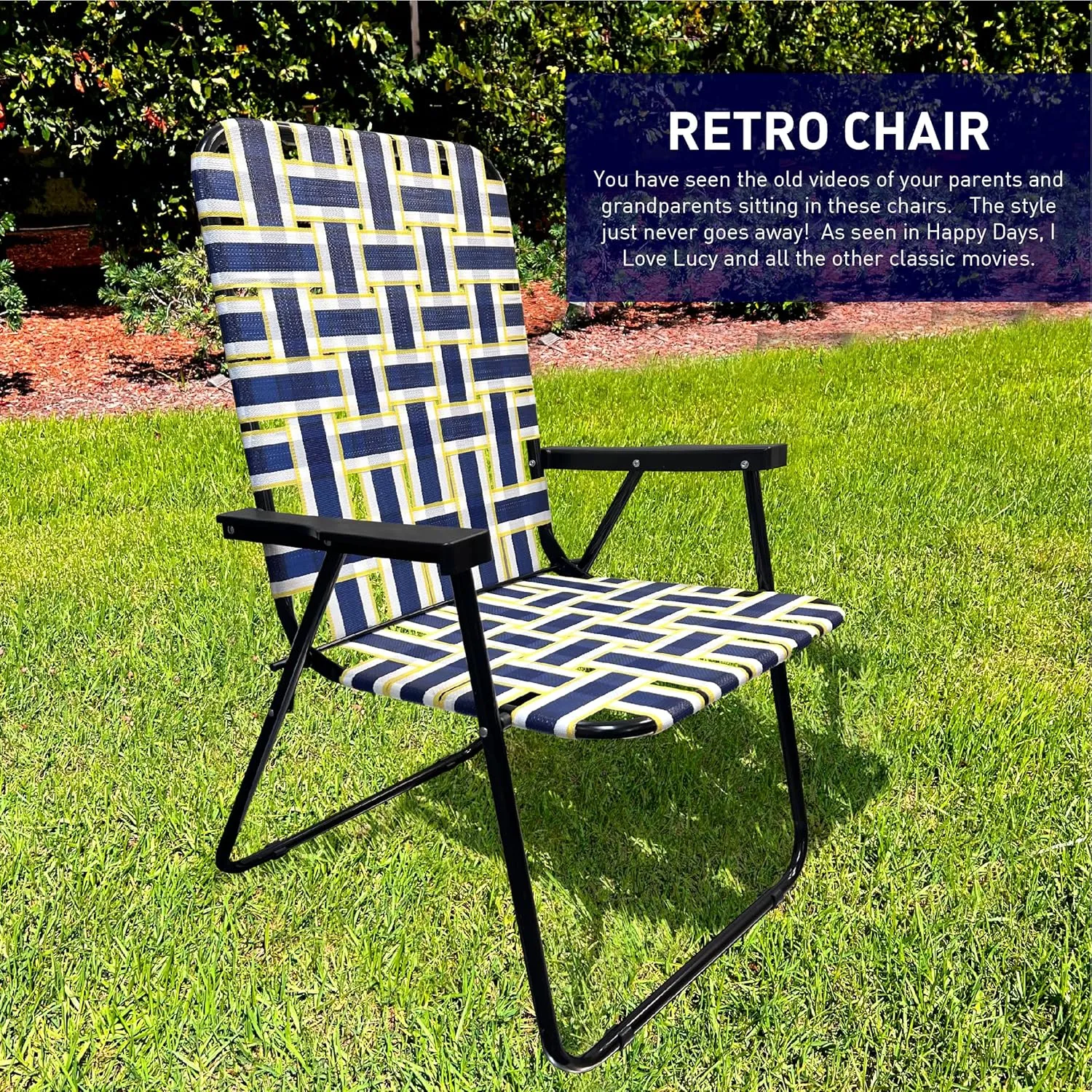 EasyGo Product Lawn Chair Folding Steel Webbing Chaise Patio Lounger Seat Wood Handles for Camping, Beach, Fishing, Backyard, Stadium, Pool, Boating, and Sports, 1 Pack Blue/Yellow Stripes