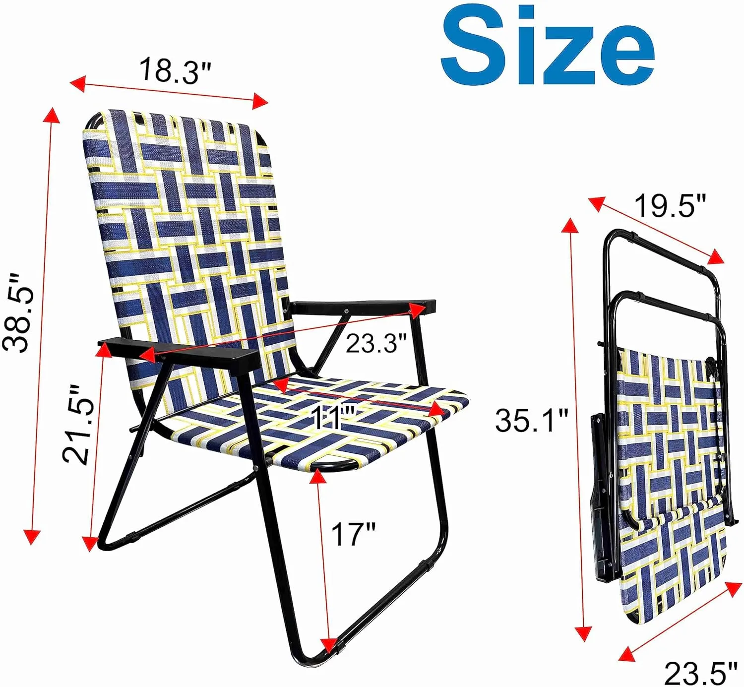 EasyGo Product Lawn Chair Folding Steel Webbing Chaise Patio Lounger Seat Wood Handles for Camping, Beach, Fishing, Backyard, Stadium, Pool, Boating, and Sports, 1 Pack Blue/Yellow Stripes
