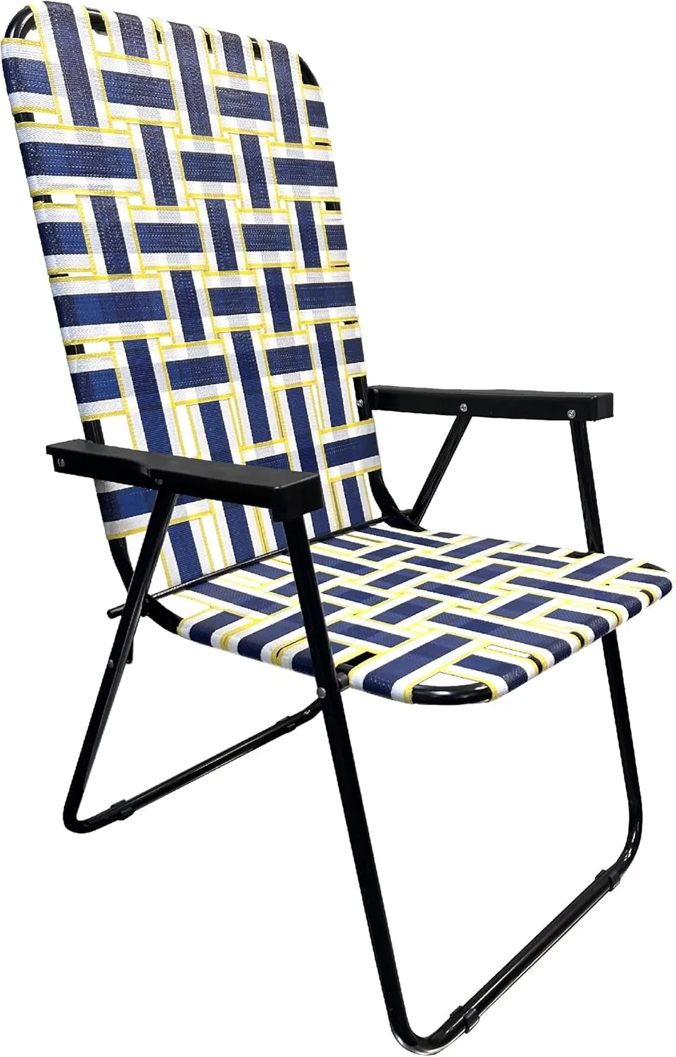 EasyGo Product Lawn Chair Folding Steel Webbing Chaise Patio Lounger Seat Wood Handles for Camping, Beach, Fishing, Backyard, Stadium, Pool, Boating, and Sports, 1 Pack Blue/Yellow Stripes