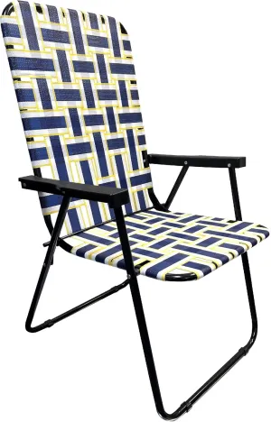 EasyGo Product Lawn Chair Folding Steel Webbing Chaise Patio Lounger Seat Wood Handles for Camping, Beach, Fishing, Backyard, Stadium, Pool, Boating, and Sports, 1 Pack Blue/Yellow Stripes