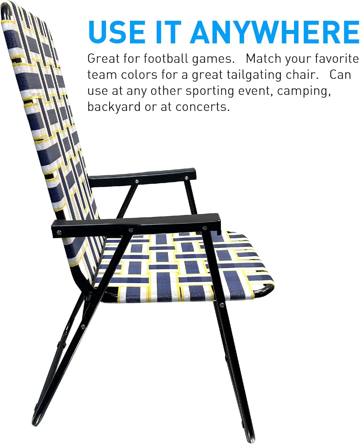 EasyGo Product Lawn Chair Folding Steel Webbing Chaise Patio Lounger Seat Wood Handles for Camping, Beach, Fishing, Backyard, Stadium, Pool, Boating, and Sports, 1 Pack Blue/Yellow Stripes