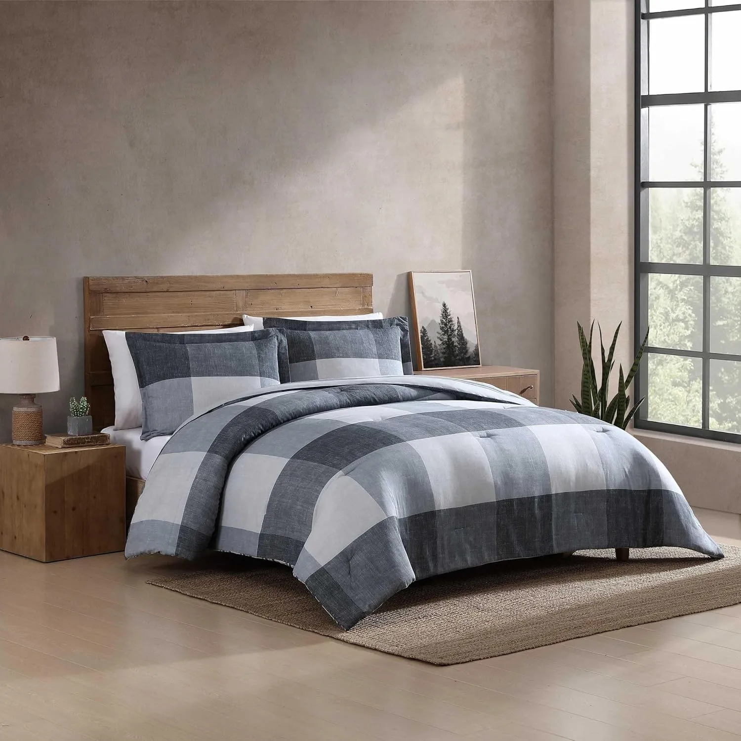 Eddie Bauer - Oversized Queen Comforter Set, 7 Piece Bed in a Bag Bedding Set, Easy Care Cotton Percale Blend, Ultra-Soft Breathable Fabrics (Plaid Grey, Queen)