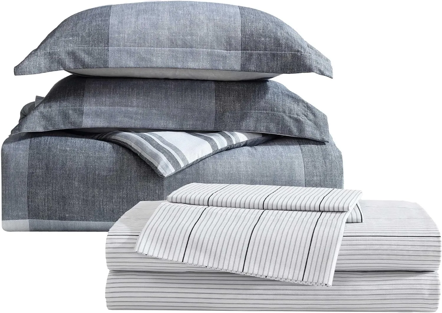 Eddie Bauer - Oversized Queen Comforter Set, 7 Piece Bed in a Bag Bedding Set, Easy Care Cotton Percale Blend, Ultra-Soft Breathable Fabrics (Plaid Grey, Queen)