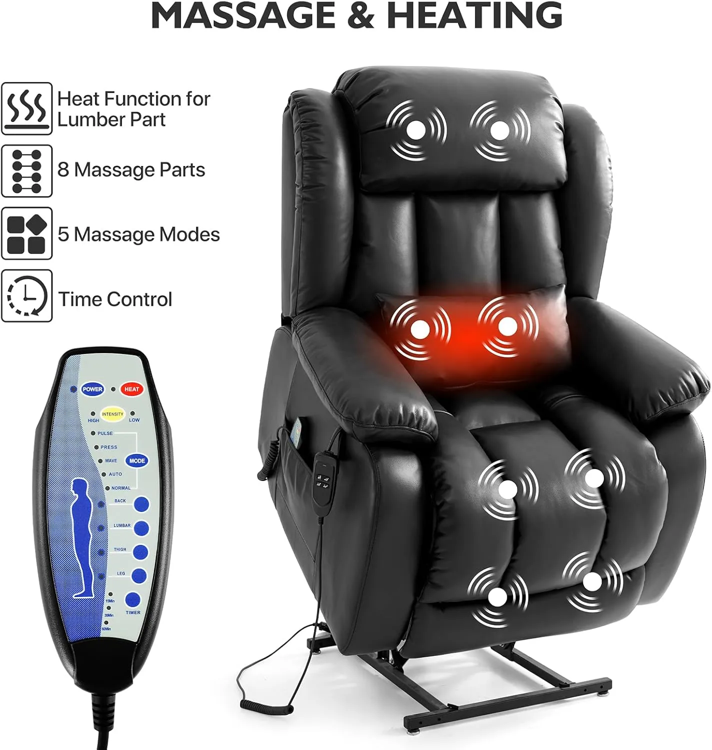EDILLY Extra Large Power Lift Recliner Chairs for Elderly,Infinite Position Lay Flat Dual Motor Recliners Chair, with Heating and Massage, Breathable Leather,USB Ports and Remote Control(Black)