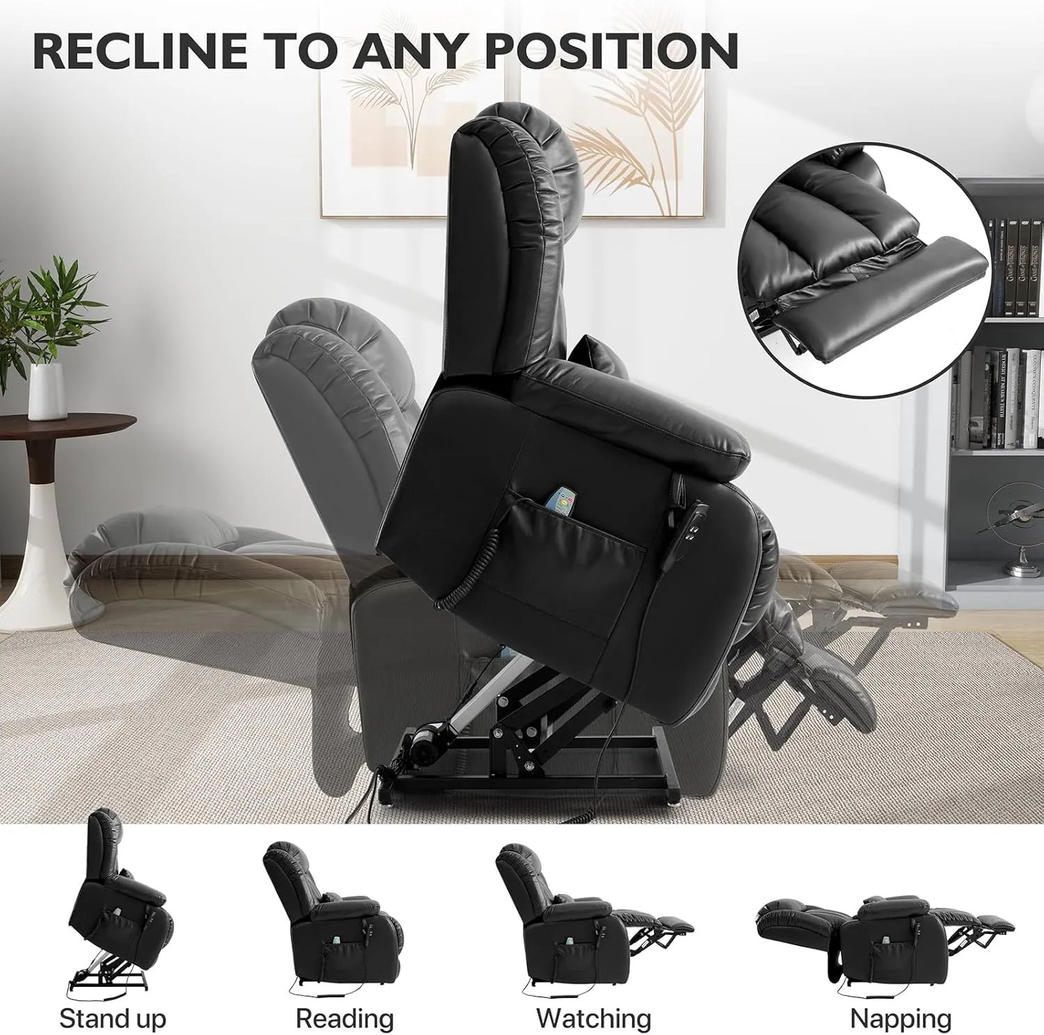 EDILLY Extra Large Power Lift Recliner Chairs for Elderly,Infinite Position Lay Flat Dual Motor Recliners Chair, with Heating and Massage, Breathable Leather,USB Ports and Remote Control(Black)