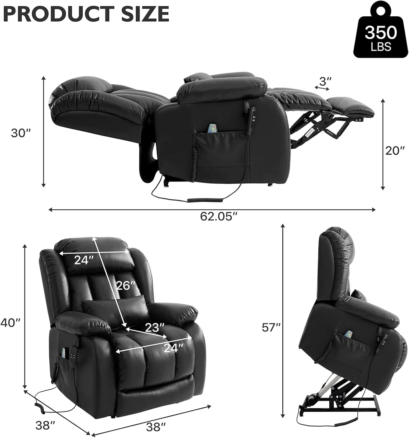 EDILLY Extra Large Power Lift Recliner Chairs for Elderly,Infinite Position Lay Flat Dual Motor Recliners Chair, with Heating and Massage, Breathable Leather,USB Ports and Remote Control(Black)
