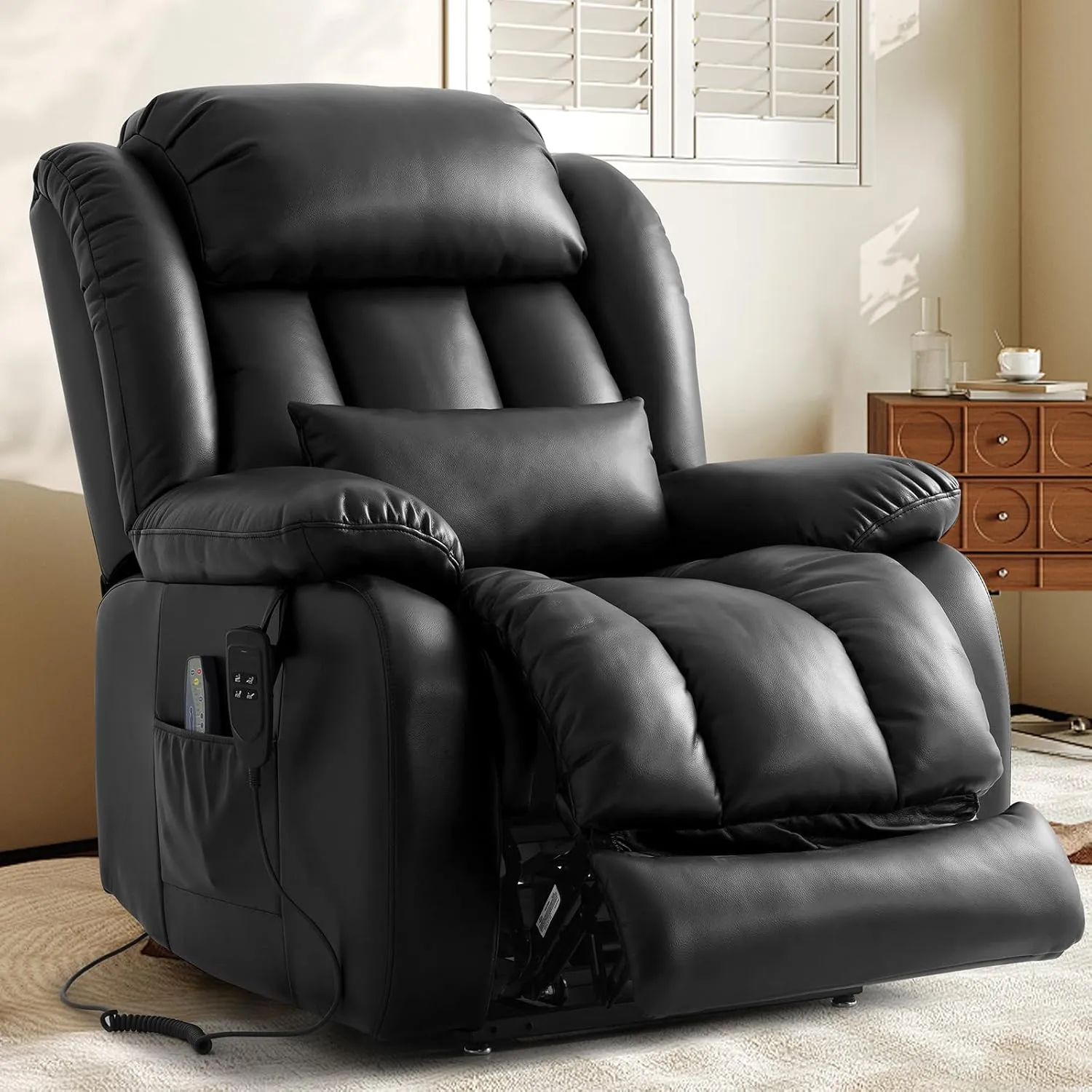 EDILLY Extra Large Power Lift Recliner Chairs for Elderly,Infinite Position Lay Flat Dual Motor Recliners Chair, with Heating and Massage, Breathable Leather,USB Ports and Remote Control(Black)