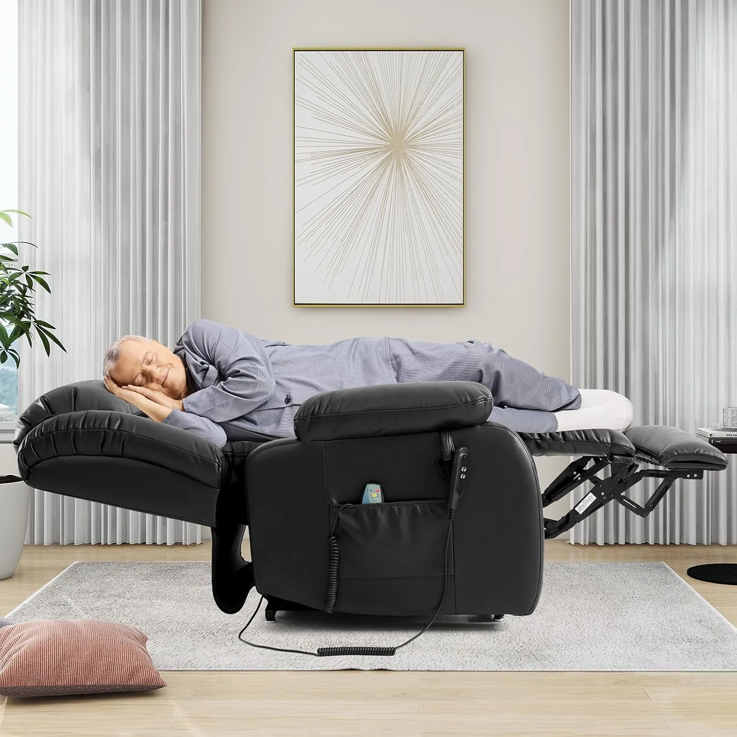 EDILLY Extra Large Power Lift Recliner Chairs for Elderly,Infinite Position Lay Flat Dual Motor Recliners Chair, with Heating and Massage, Breathable Leather,USB Ports and Remote Control(Black)
