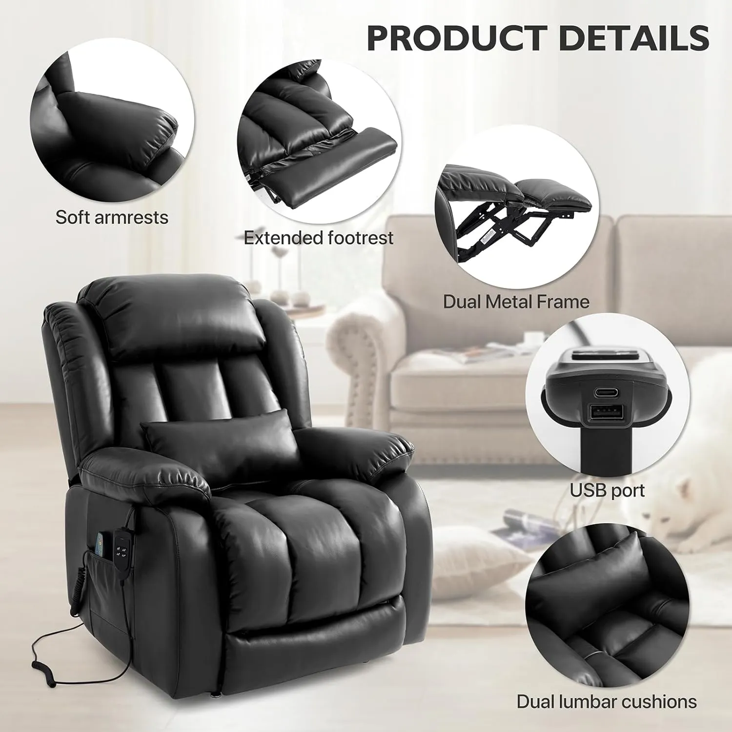 EDILLY Extra Large Power Lift Recliner Chairs for Elderly,Infinite Position Lay Flat Dual Motor Recliners Chair, with Heating and Massage, Breathable Leather,USB Ports and Remote Control(Black)