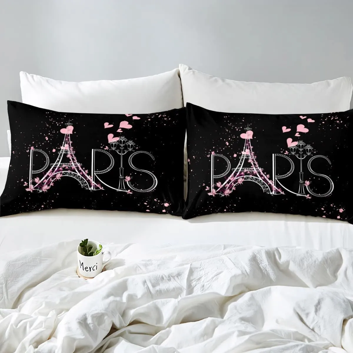 Eiffel Tower Fitted Sheet Chic Paris Bedding Set Romantic Theme Bed Sheet Set for Boys Girls Kids Teens Black Pink Bedroom Decor Modern French Style Bed Cover Bedding Sheet King Size 4Pcs