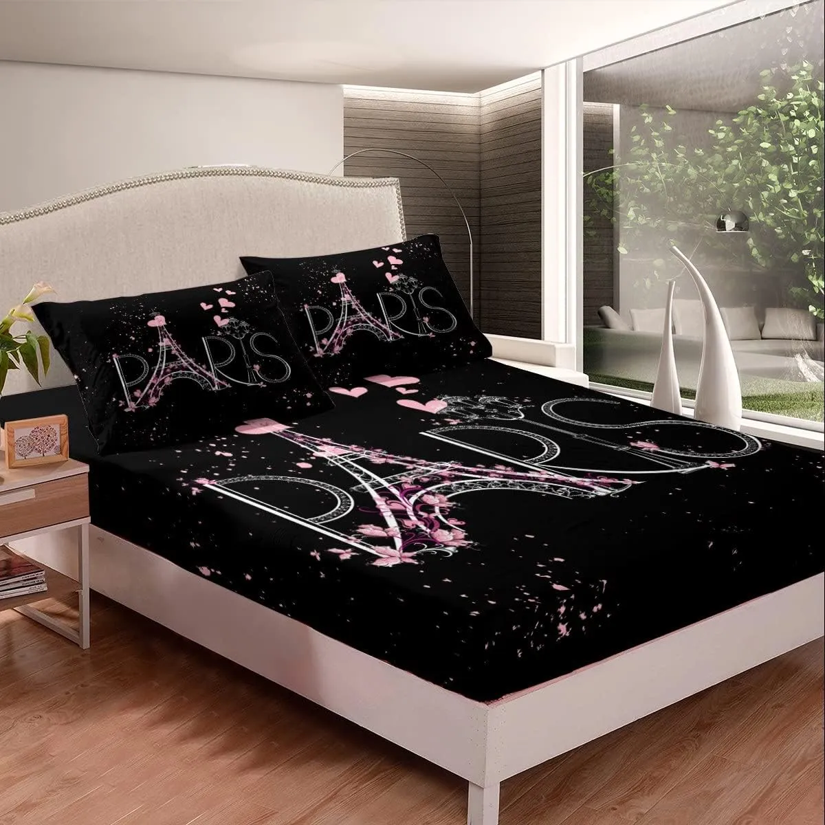 Eiffel Tower Fitted Sheet Chic Paris Bedding Set Romantic Theme Bed Sheet Set for Boys Girls Kids Teens Black Pink Bedroom Decor Modern French Style Bed Cover Bedding Sheet King Size 4Pcs