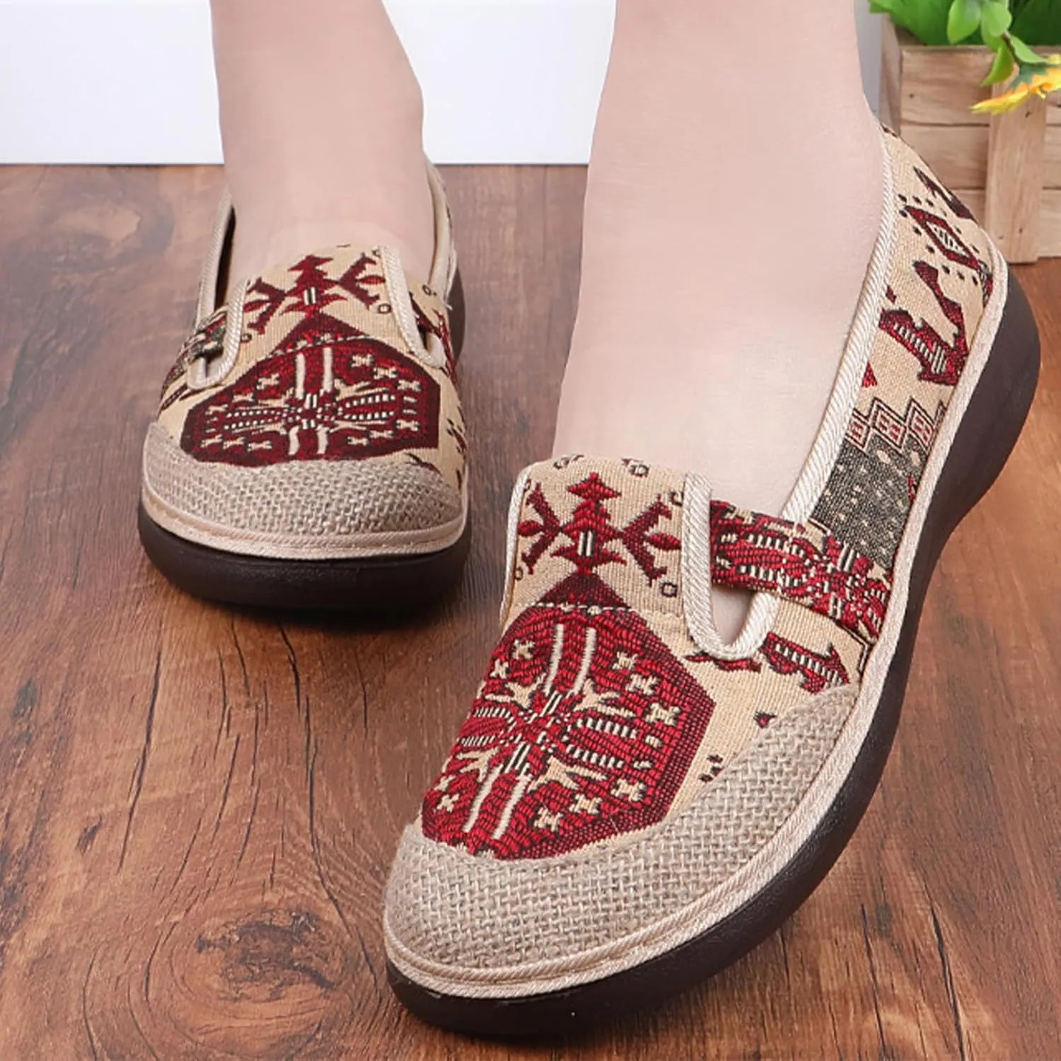 Embroider Women's Sweet Linen Shoes, Breathable Flat Heel Casual Footwear, Slip On Fashion Soft Flat Shoes,8.5,Red