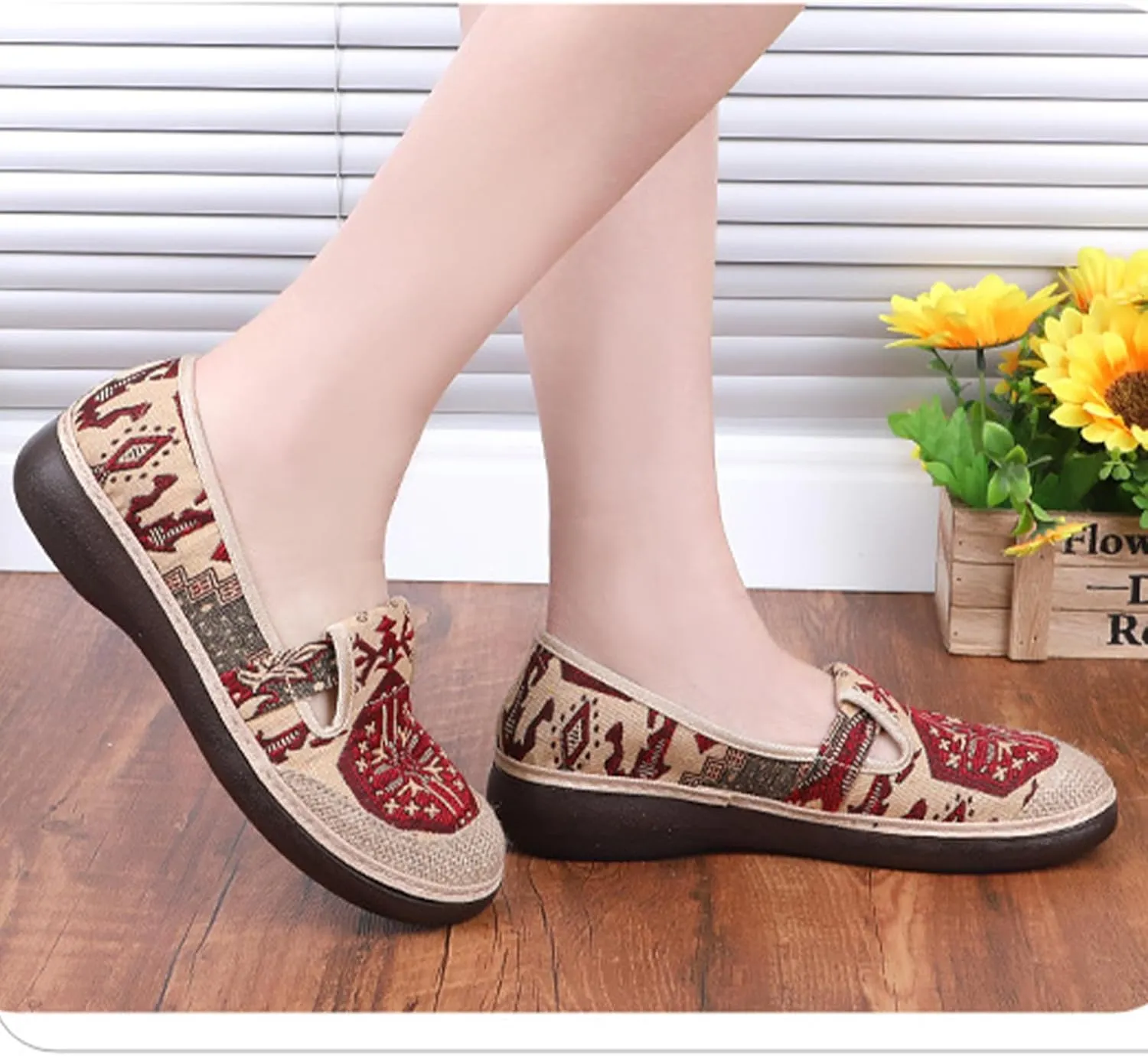 Embroider Women's Sweet Linen Shoes, Breathable Flat Heel Casual Footwear, Slip On Fashion Soft Flat Shoes,8.5,Red
