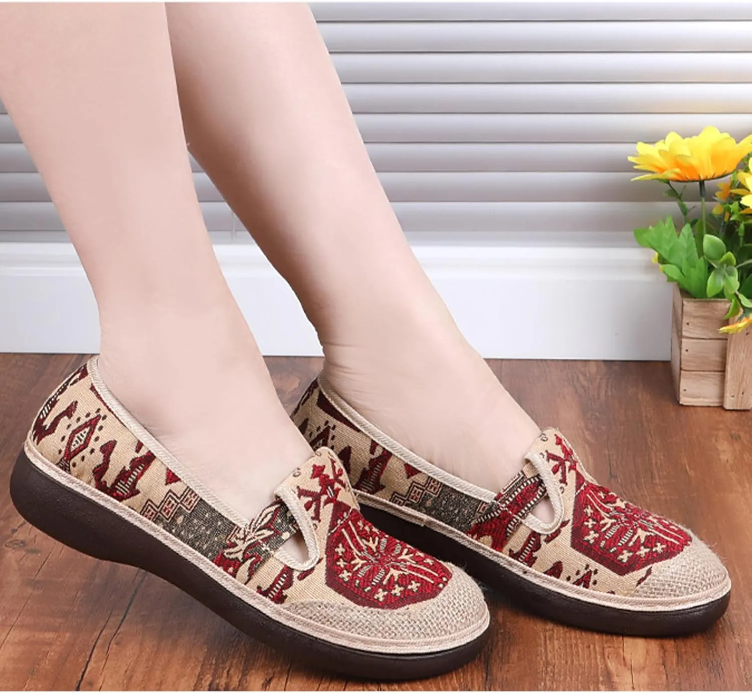 Embroider Women's Sweet Linen Shoes, Breathable Flat Heel Casual Footwear, Slip On Fashion Soft Flat Shoes,8.5,Red