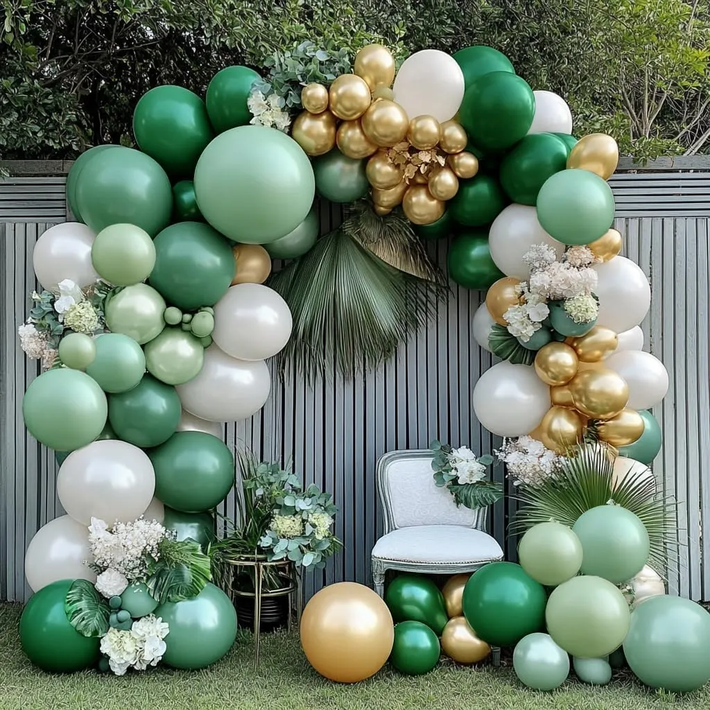Emerald Green Gold Balloon Arch Kit Double Stuffed Dark Green Pearl White Balloon Dusty Light Sage Balloons Garland for Birthday Baby Shower Graduation Wedding Anniversary Party Decorations