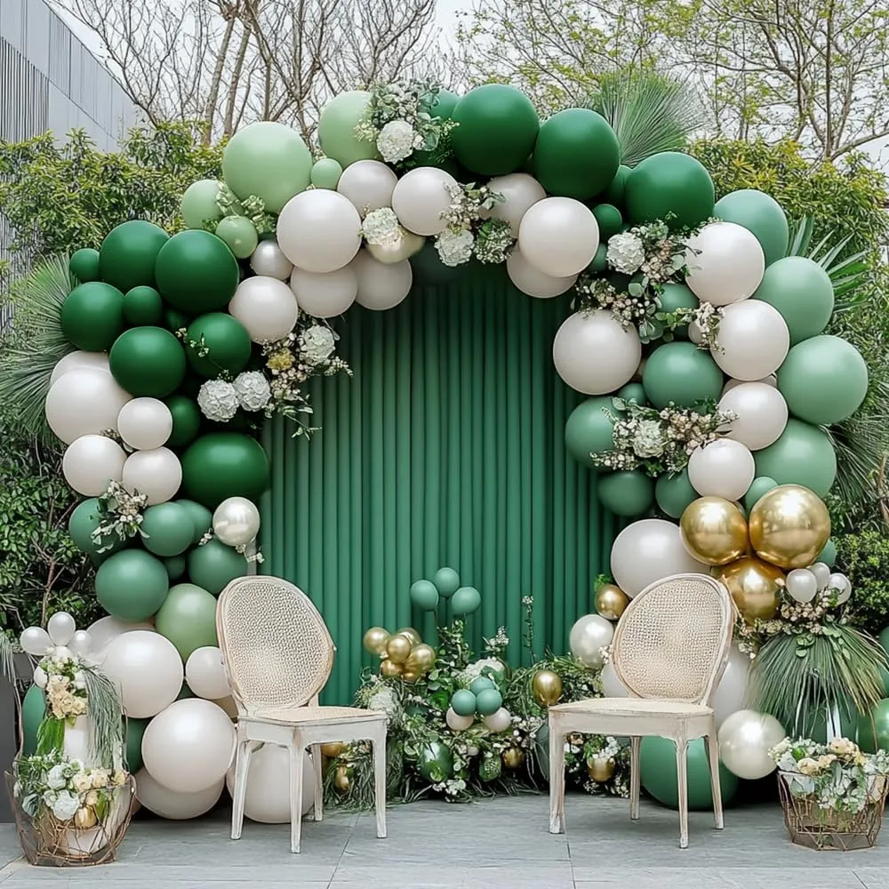 Emerald Green Gold Balloon Arch Kit Double Stuffed Dark Green Pearl White Balloon Dusty Light Sage Balloons Garland for Birthday Baby Shower Graduation Wedding Anniversary Party Decorations