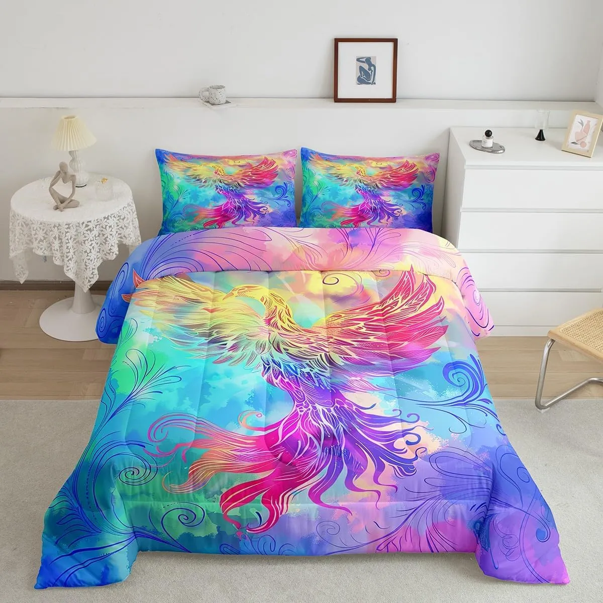 Erosebridal 7 Piece Phoenix Bed in A Bag King Colorful Magic Bird Bed Set,Watercolor Tie Dye Bedding Set with Comforter Western Gothic Bohemian Cushiom Covers Rainbow Geometric Stripes Sheet Set