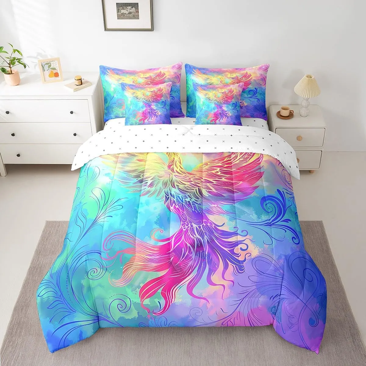 Erosebridal 7 Piece Phoenix Bed in A Bag King Colorful Magic Bird Bed Set,Watercolor Tie Dye Bedding Set with Comforter Western Gothic Bohemian Cushiom Covers Rainbow Geometric Stripes Sheet Set